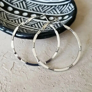 Sleek Mid Century Style Silver Tone Round Hoop Earrings 40mm 1.6" Long Leverback